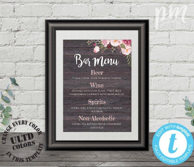 زفاف - Rustic Floral Bar Menu Sign, Wedding Template, Printable Bar Menu Sign, Editable Drinks Sign, Signature Drinks Sign, Wedding Bar Sign