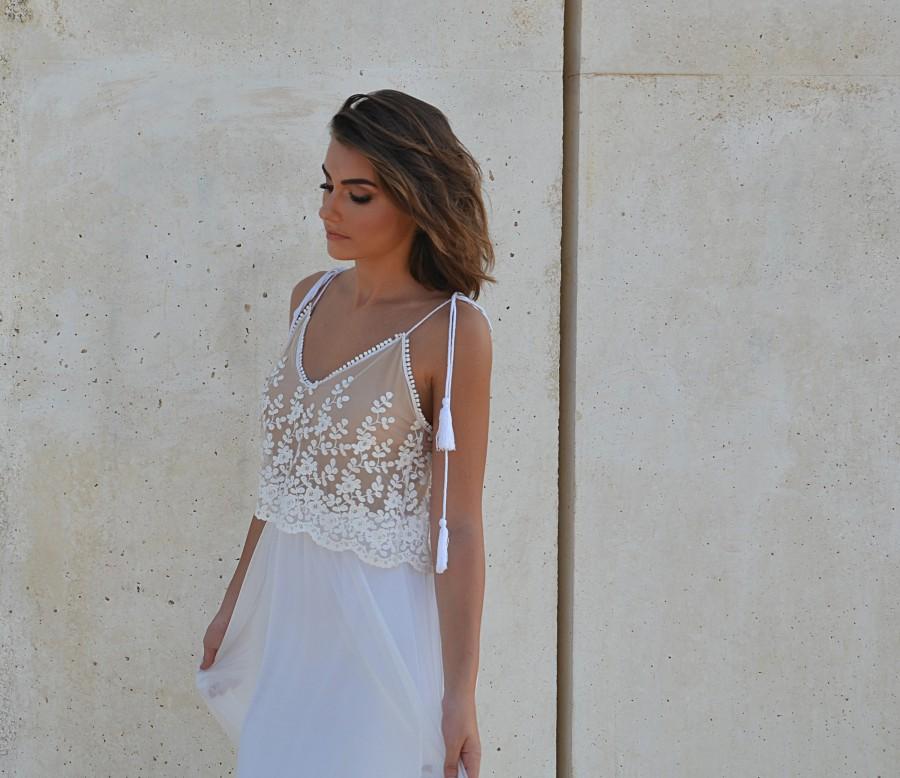 Wedding - wedding dress with stunning lace top, boho-chic wedding dress, simple wedding dress, embroidery top, low back dress,
