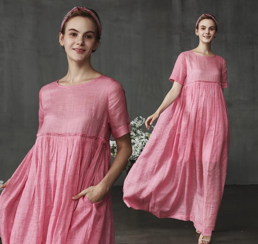 Mariage - linen dress in pink, rouge dress, maxi dress, linen maxi dress with pockets, plus size dress, linen dress, linen kaftan 
