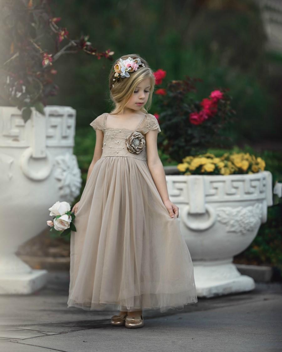 Mariage - Champagne Flower Girl Dress, Tulle Flower Girl Dresses, Bohemian Flower Girl Dress, Baby Lace Flower girl dress, Country Chic Flowergirl,