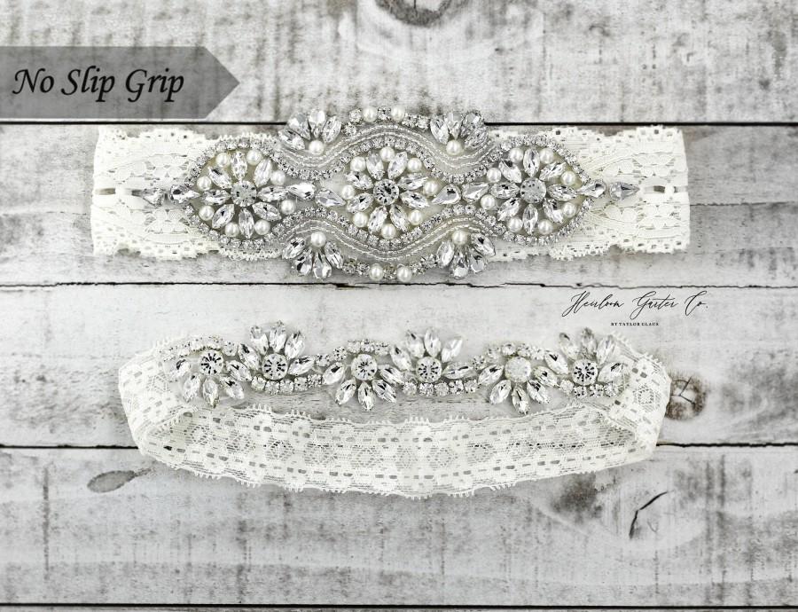 Свадьба - Pearl Bridal Garter, NO slip Lace Wedding Garter Set, bridal garter set, pearl and rhinestone garter set IVORY B05S-CB05S