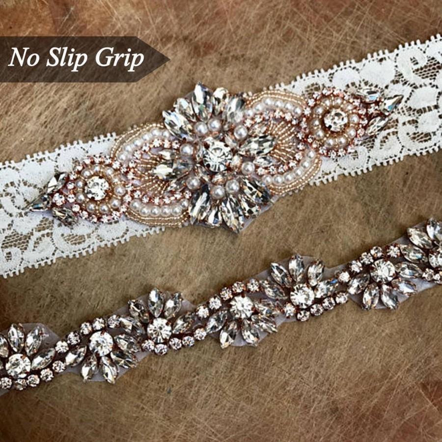 Hochzeit - Crystal Rose Gold Ivory Wedding Garter Set NO SLIP grip vintage rhinestones B04-EB05