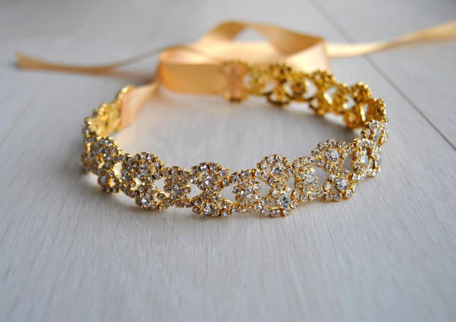Mariage - Gold Rhinestone Bridal Headband, Great Gatsby Crystal Bridesmaid Flower girl Wedding Bridal ribbon Headband Headpiece 1920s Flapper headband