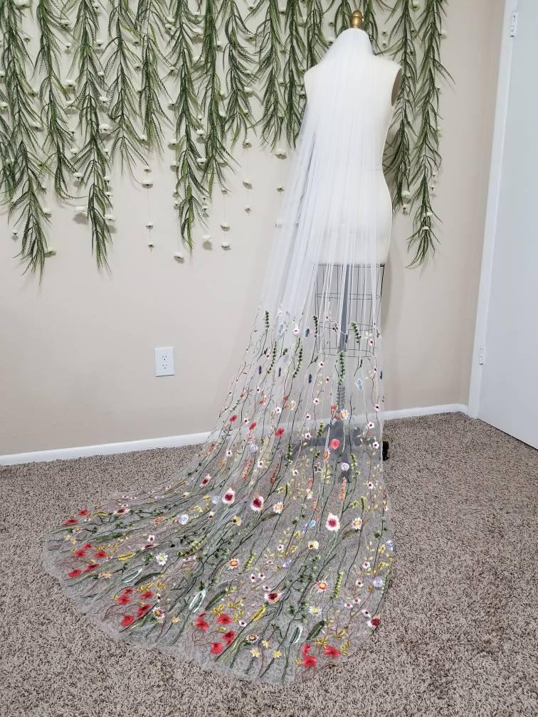 Wedding - Lennox Half and Half Veil, Multi Colored Secret Garden Floral Veil, White Tulle, Embroidered Mesh Wedding Veil, Chapel Length Veil