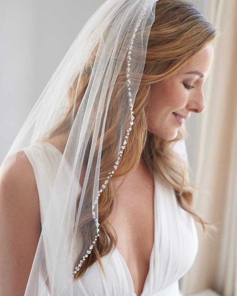 زفاف - Beaded Wedding Veil, Rhinestone Bridal Veil, Ivory Veil, Elbow Length Veil, Fingertip Length Veil, Veil for Bride, Bridal Headpiece ~VB-5061