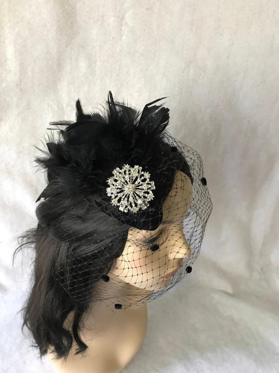 Свадьба - Black fascinator hat, chenille dotted veil, black feathered headpiece, mini teardrop fascinator hat  weddings, tea party, christenings