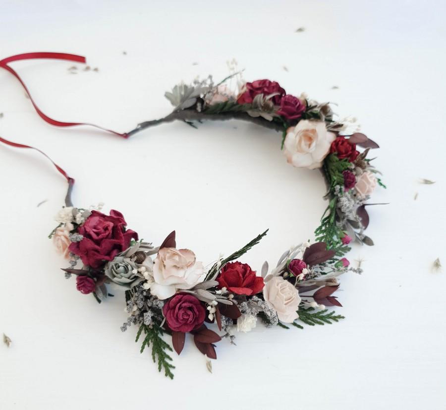 Hochzeit - Beige burgundy flower crown, greenery Bridal floral crown, Floral wedding crown, Wedding flower headpiece , Rustic wedding