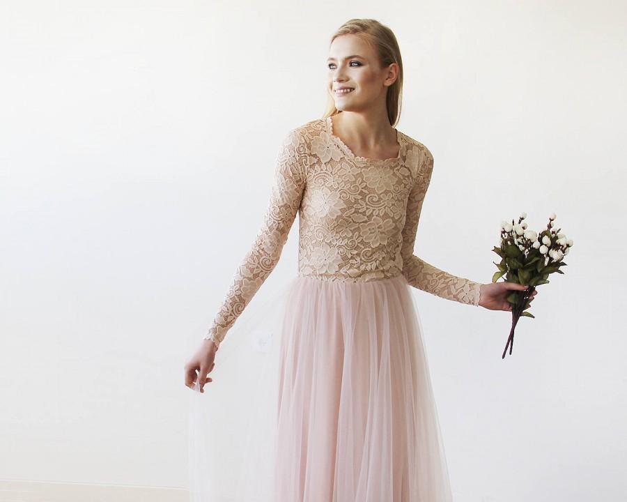 زفاف - Pink Blush Wedding Dress Round Neck-Line Long Sleeves Sheer Lace and Tulle, Pink Wedding Dress, Tulle Wedding Dress 1152
