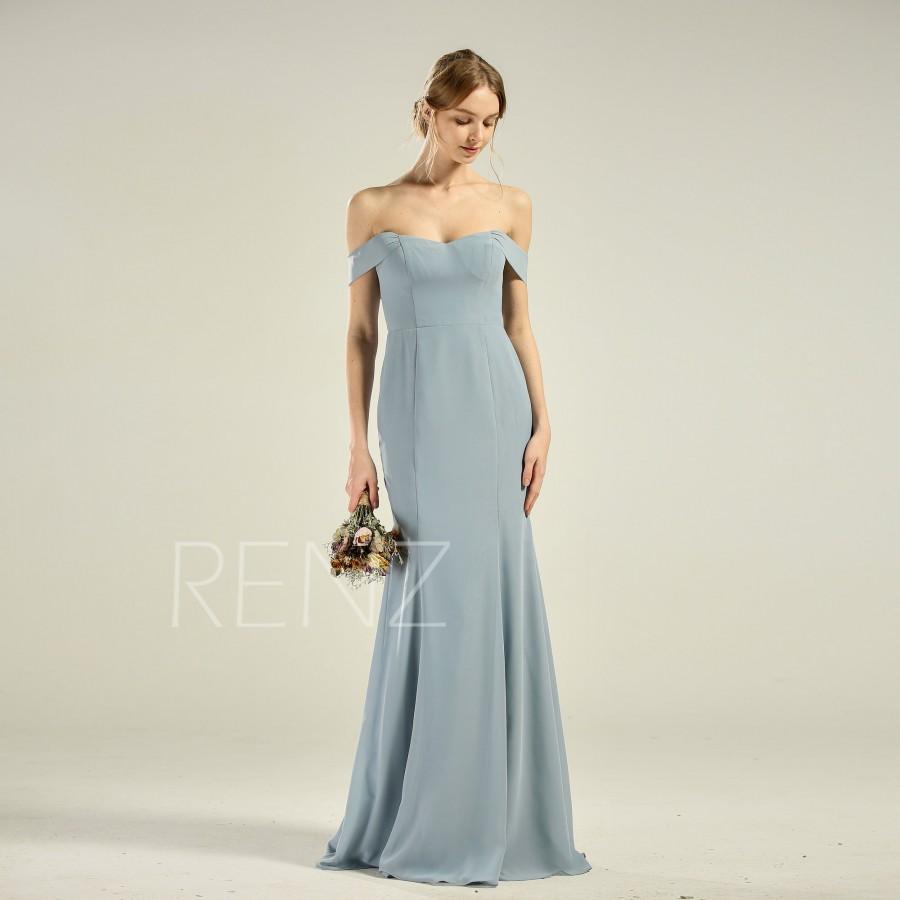 Hochzeit - Prom Dress Long Dusty Blue Chiffon off Shoulder Bridesmaid Dress Mermaid Fitted Wedding Dress with Train (H801)