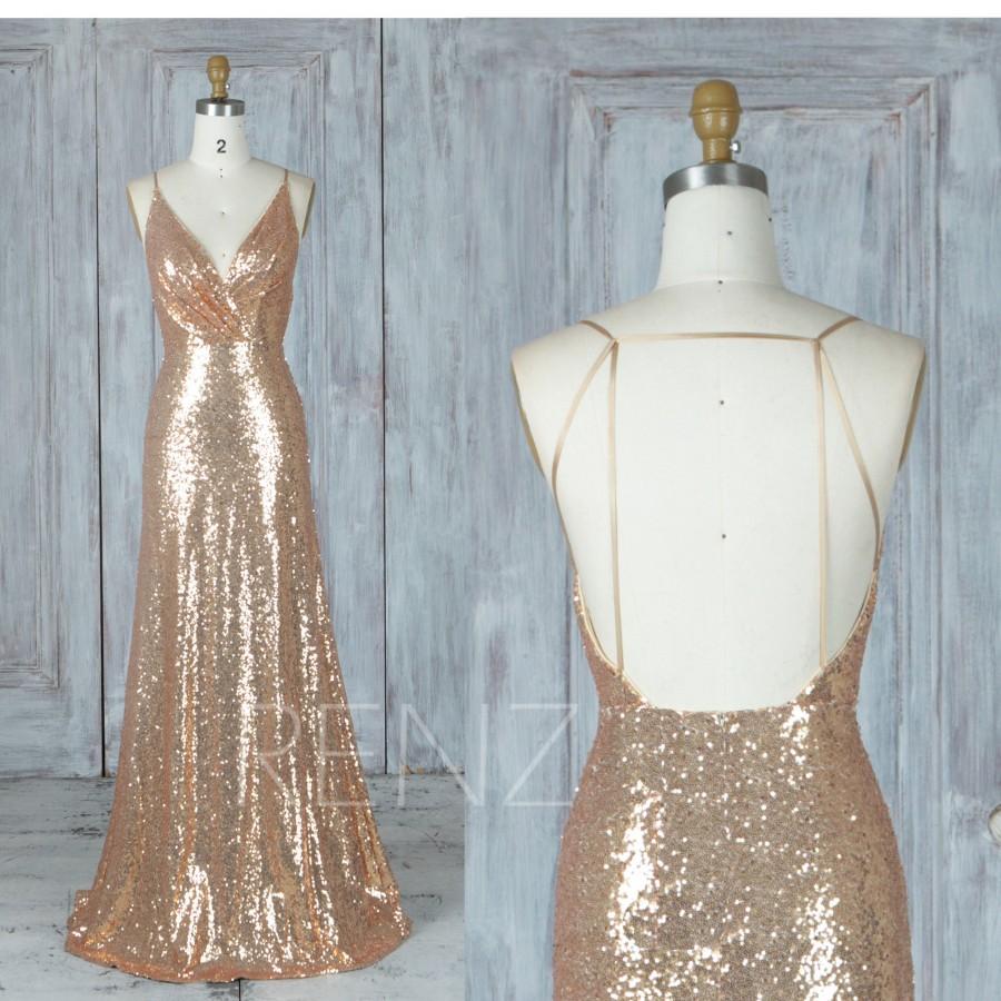 زفاف - Bridesmaid Dress Gold Sequin Dress Wedding Dress Ruched V Neck Fitted Maxi Dress Spaghetti Strap Party Dress Backless Evening Dress(LQ388A)