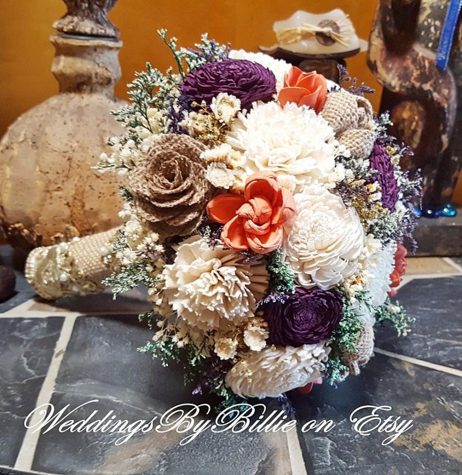 Wedding - Plum Orange Burlap Sola Bouquet, Fall Bouquet, Lace,Purple Bouquet,Alternative Bouquet,Rustic,Bridal Accessories, Keepsake Wedding Bouquet