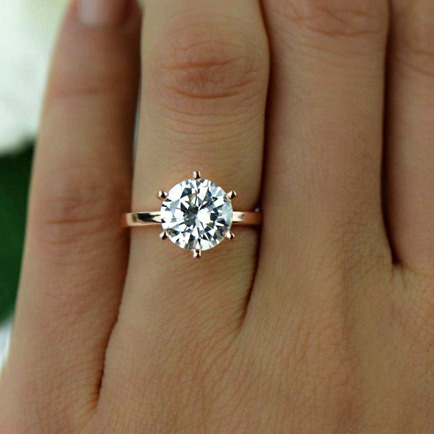 زفاف - 3 ct 6 Prong Engagement Ring, Man Made Diamond Simulant, Round Solitaire Wedding Ring, Sterling Silver, Rose Gold Plated, 60% Final Sale