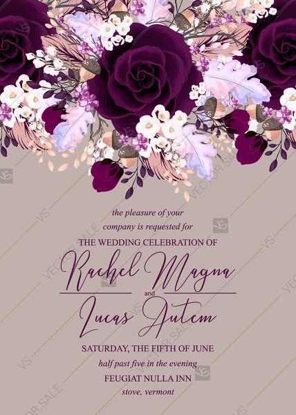 Hochzeit - Dark marsala Rose wedding invitation card template burgundy peony ranunculus greenery PDF 5x7 in online editor