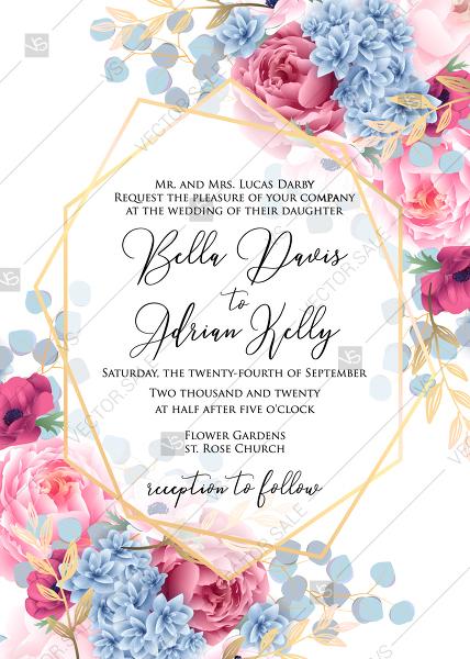 Hochzeit - Pink peony wedding Invitation eucalyptus hydrangea poppy in watercolor PDF 5x7 in online editor