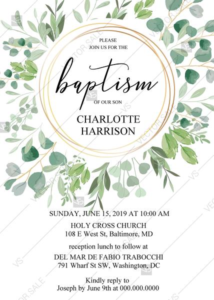 Mariage - Gold Geometric Greenery Wreath Baptism Invitation Christening with Watercolor Eucalyptus PDF 5x7 in edit online