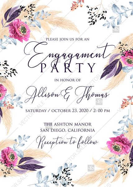 Hochzeit - Pampas grass engagement party wedding invitation set pink peony flower pdf custom online editor 5x7 in