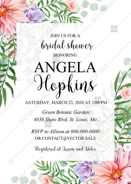Hochzeit - Bridal shower invitation pink garden rose peach chrysanthemum succulent greenery PDF 5x7 in edit online