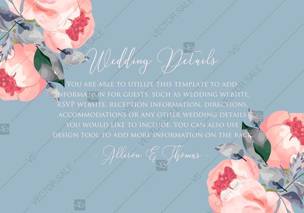 Hochzeit - Peony wedding details invitation floral watercolor card template online editor pdf 5x3.5 in