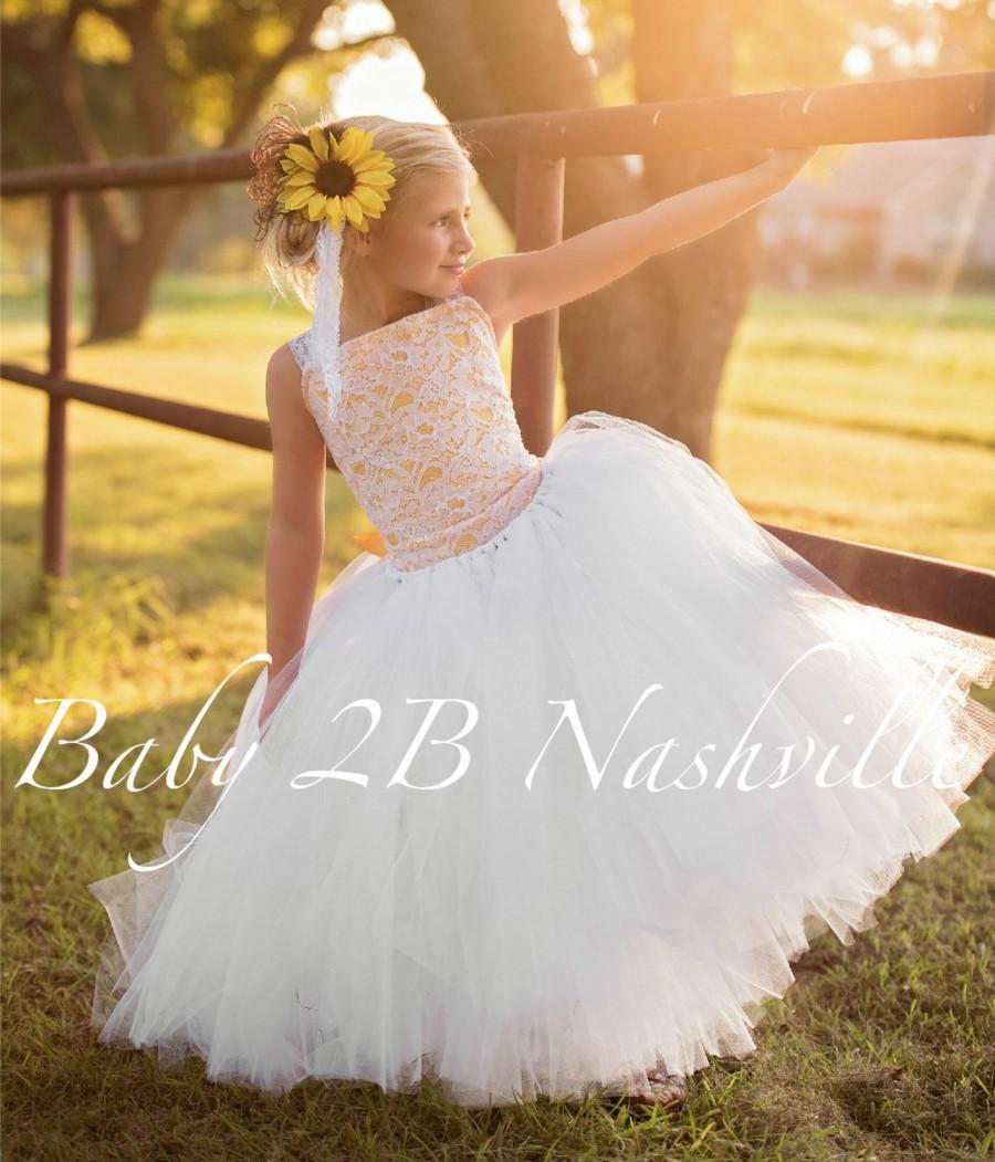 Wedding - Sunflower Dress Sequin Dress  White Dress Lace Dress  Rustic Dress Sunflower Baby Dress Toddler Sunflower Tulle Dress Girls Sunflower Dress