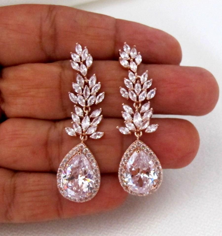 زفاف - Bridal Earrings Crystal Bridal Earrings,Prom Earrings, Leaf Dangle Drop Earrings Long Chandelier Earrings,prom earrings,CZ Leaf Dangle