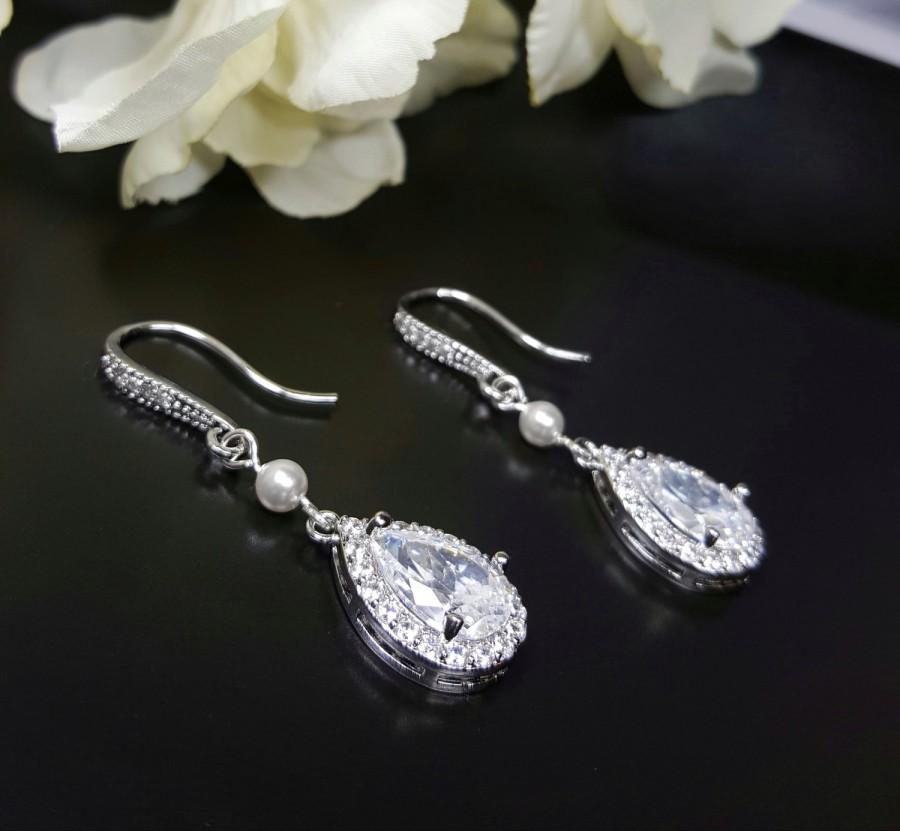 Hochzeit - Swarovski Pearl Earrings, Crystal Teardrop Earrings, Nickel Free Ear Wires, Cubic Zirconia Bridal Earrings, Wedding Jewelry Bridesmaid Gift