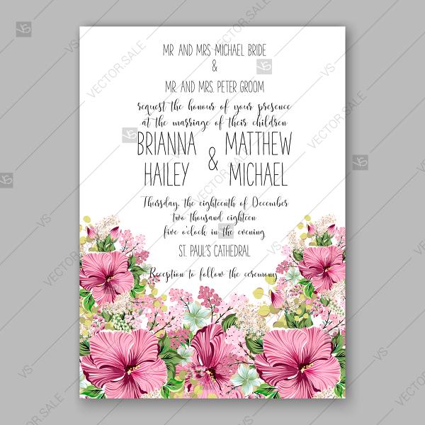 Hochzeit - Pink Hibiscus wedding invitation tropical floral card template Aloha Lauu spring