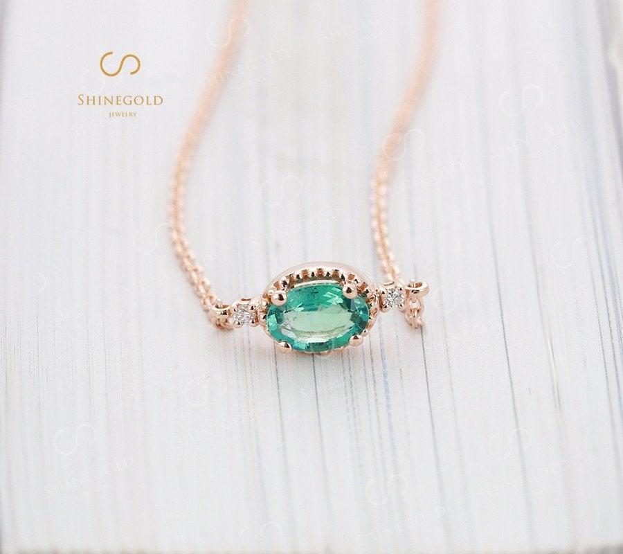 Свадьба - Solid 14K Rose Gold Unique Emerald Pendant oval cut diamond necklace Wedding Charm Bridal Delicate Promise Anniversary gift for women