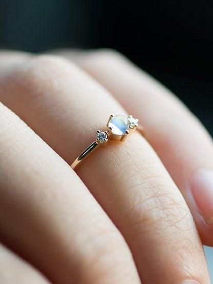 Hochzeit - Moonstone Engagement Ring White gold Women Diamond Dainty Wedding Bridal  Simple Delicate Matching Stacking Three stone Anniversary gift