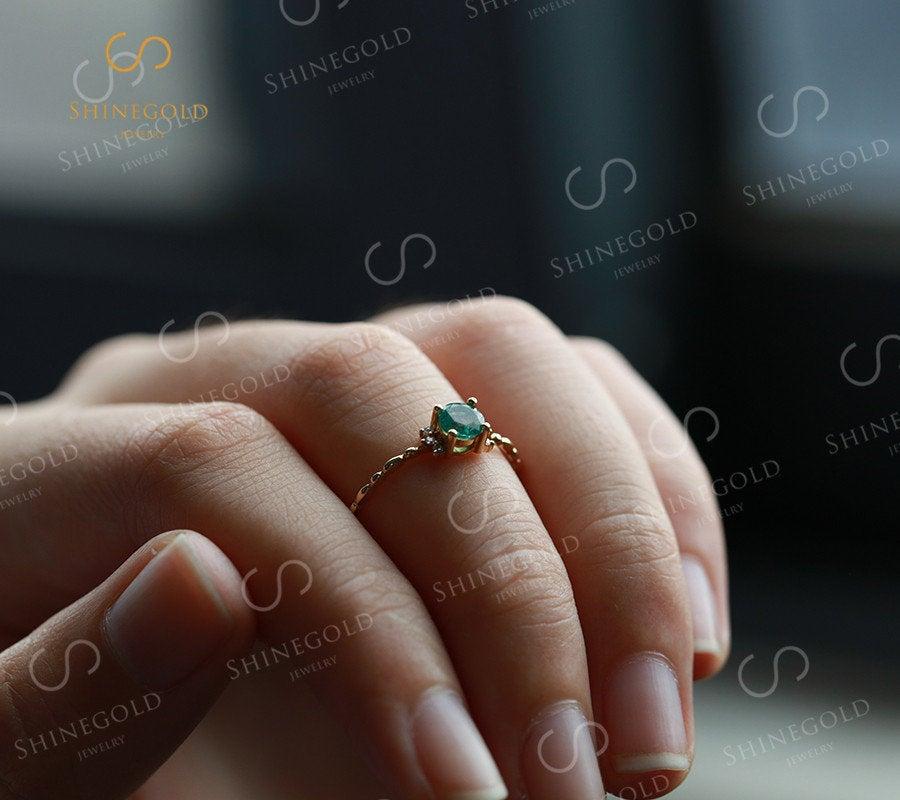 Wedding - Emerald engagement ring rose gold diamond cluster engagement ring Unique Dainty Wedding women Flower Bridal Promise Anniversary gift for her