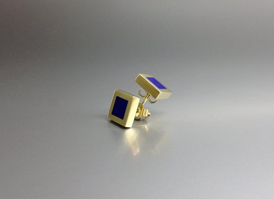 Wedding - Contemporary earrings with Lapis Lazuli and 18K gold - elegant studs - gift idea - square design - modern minimal - natural blue gemstone