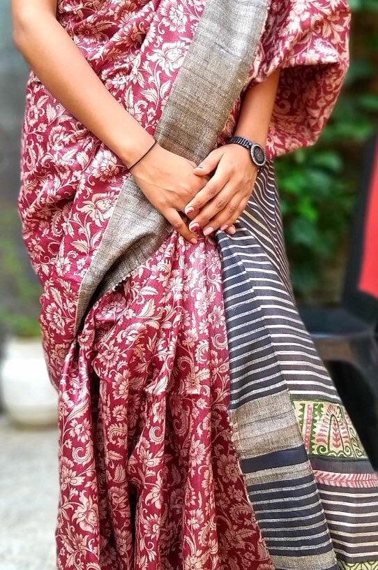Mariage - Wine Tussar Silk Saree - Block Print Saree - Saree With Blouse - Indian Sari