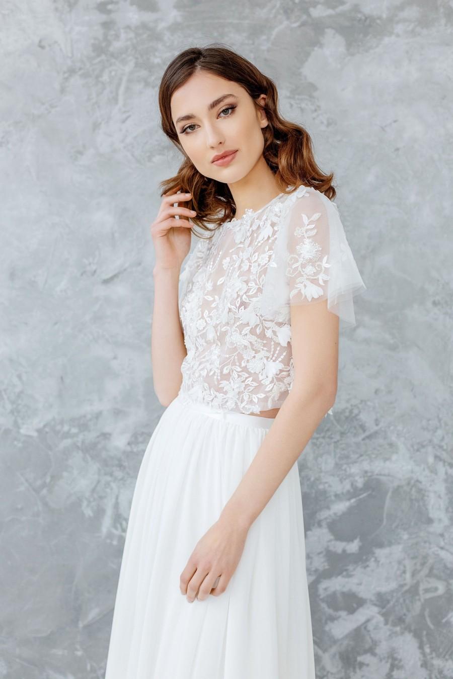 زفاف - GABRIELLE - Ivory Lace Wedding Top with Wide Short Sleeves for Boho Bride, Sheer Bridal Lace Top with 3D Decor and Pearly Button Back