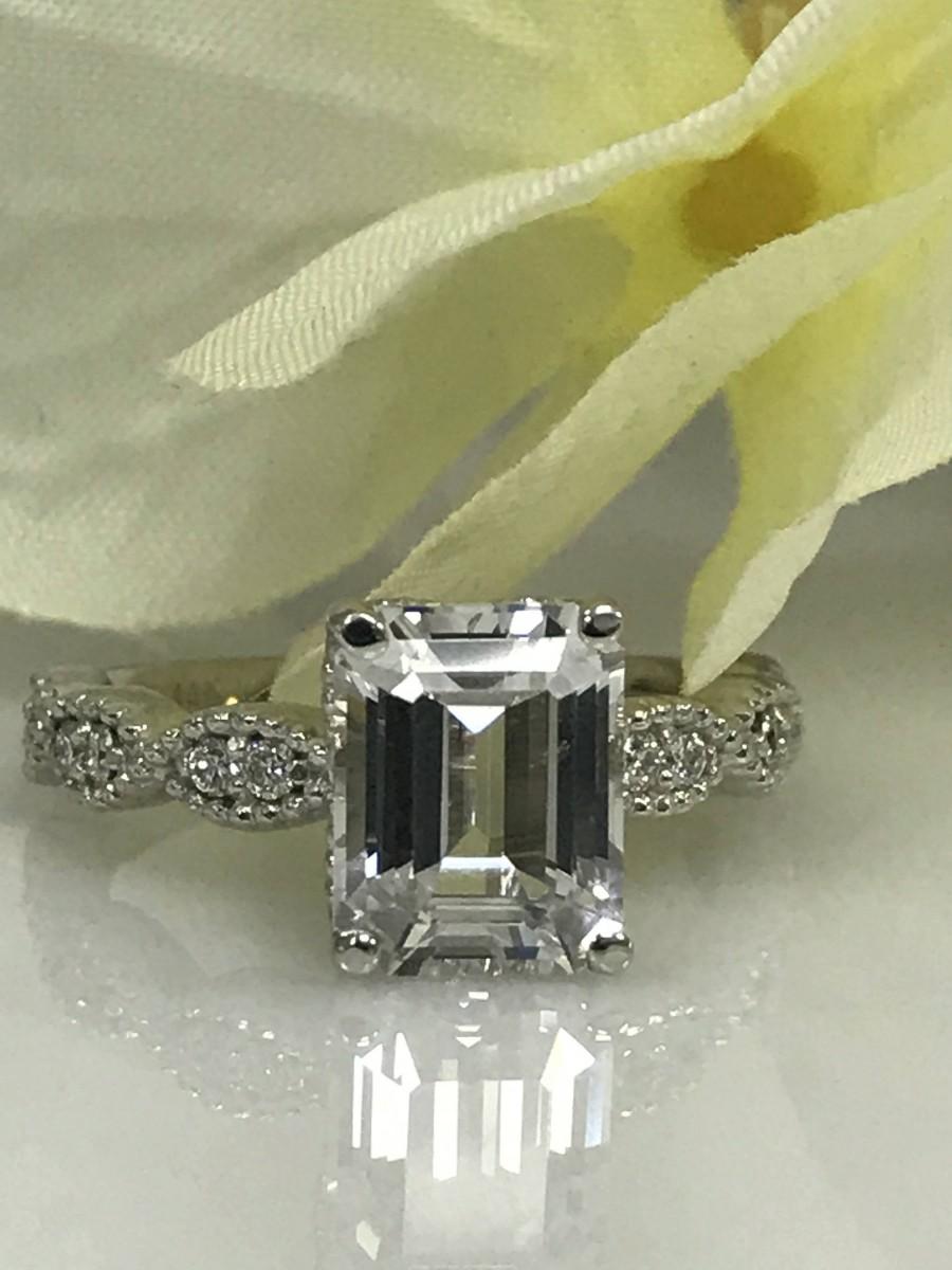 Wedding - Emerald cut white sapphire engagement ring, with diamond accents, 2.70ctw, 14k white gold #5051