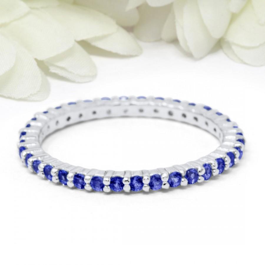 زفاف - 2mm Full Eternity Stackable Stacking Round Simulated Deep Blue Sapphire Wedding Band Ring 925 Sterling Silver