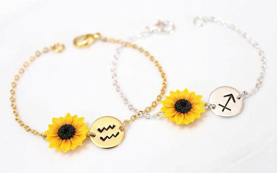 Hochzeit - Sunflower Bracelet, Zodiac Bracelet, Zodiac Jewelry, Capricorn Zodiac Charm, Capricorn Birthday Gift, Capricorn Astrology Bracelet