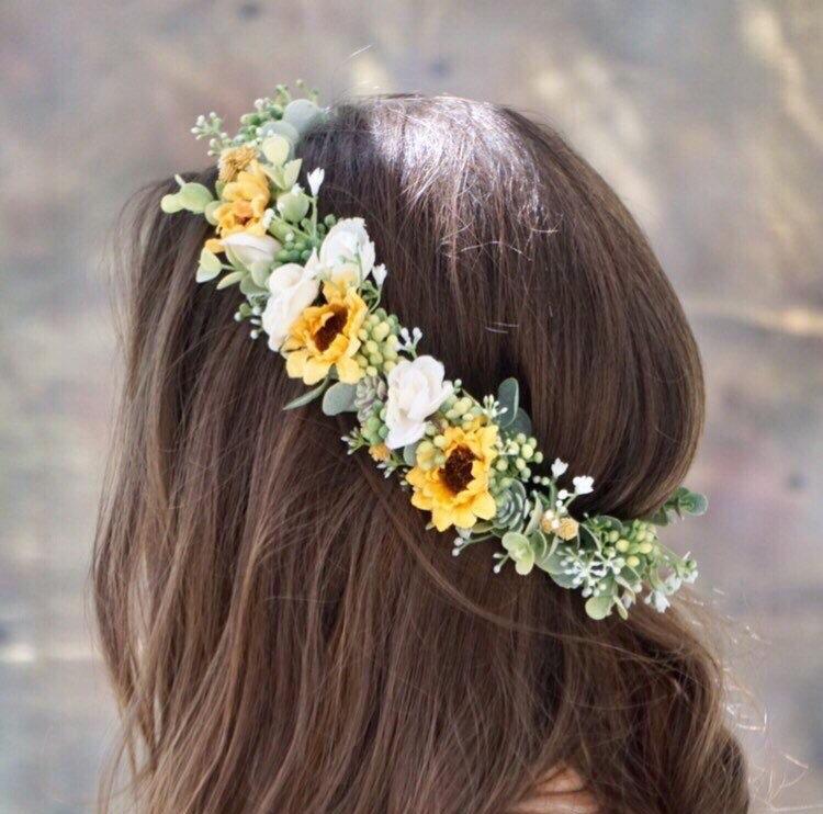 Mariage - Sunflower succulent crown, bridal flower crown wedding, ivory yellow succulent crown, eucalyptus crown, baby’s breath flower crown