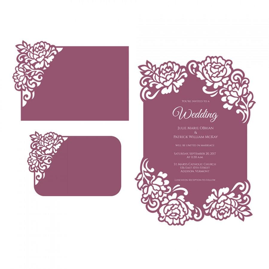 Mariage - Floral lace edge laser cut Wedding Invitation Card template 5x7 Peonies Vector DXF SVG PLT files, Silhouette Cameo, Cricut cutting machines