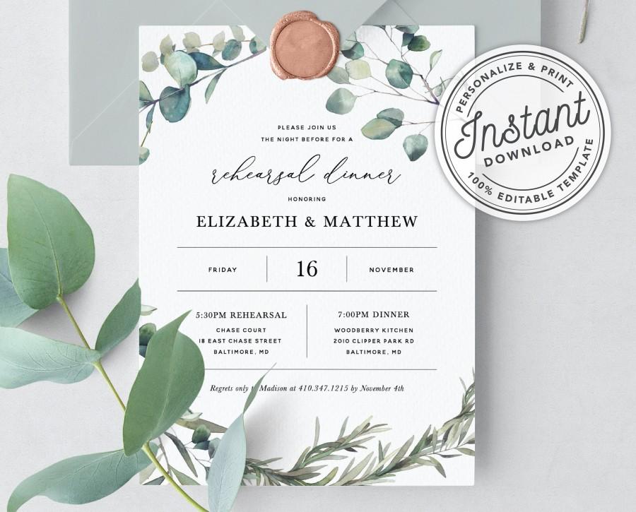 زفاف - Bohemian Wedding Rehearsal Dinner Invitation Template with Eucalyptus Greenery Wreath • INSTANT DOWNLOAD • Printable, Editable Template #023