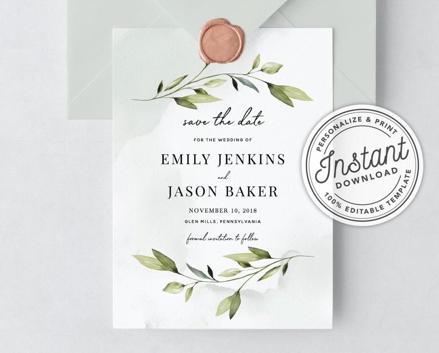 Wedding - Boho Watercolor Greenery Save the Date Printable Card with Eucalyptus • INSTANT DOWNLOAD • Printable, Editable Template #027