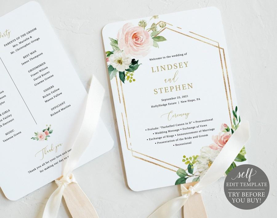 Wedding - Wedding Program Fan Template, Editable Instant Download, Pink Floral Hexagonal, TRY BEFORE You BUY