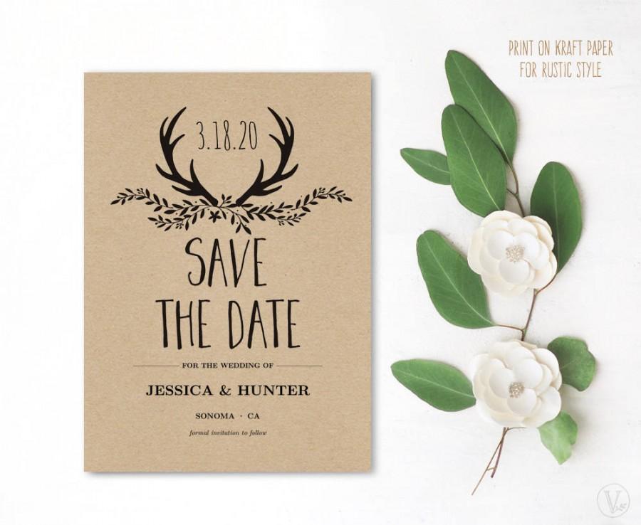 Свадьба - Rustic Save the Date Template, Printable Save the Date Card, Kraft Save the Date Card, DIY Save the Date Card, Floral Antler, VW19