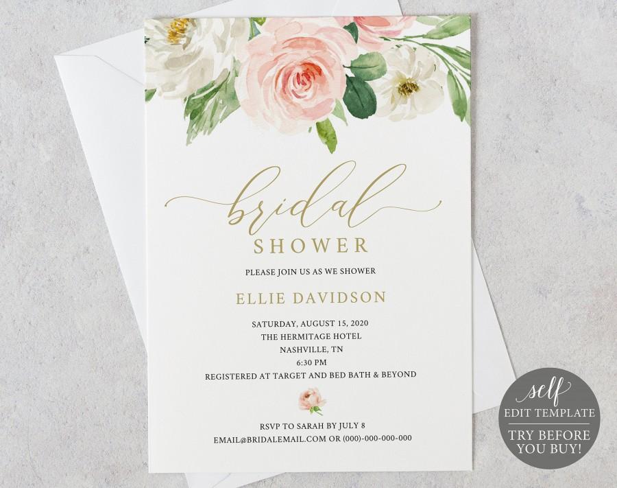 Hochzeit - Bridal Shower Invitation Template, TRY BEFORE You BUY, Instant Download, 100% Editable Invite, Blush and Gold Floral Invitation Printable