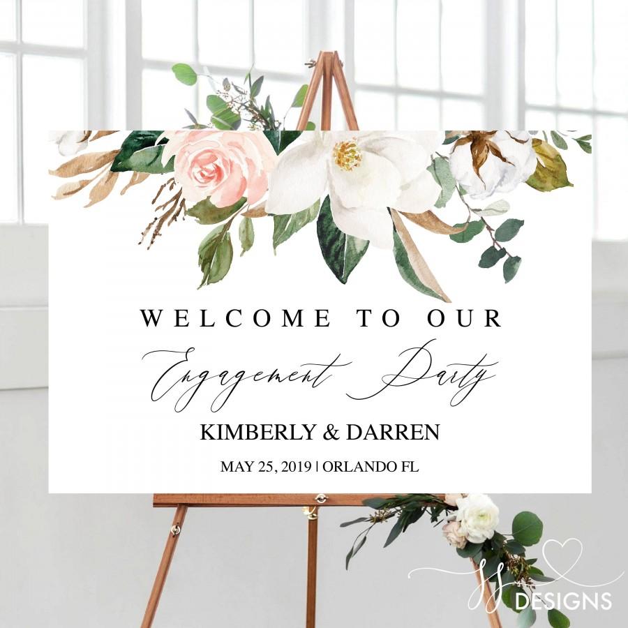 Wedding - Engagement party poster sign, Blush pink and white magnolia, engagement decor, engagement sign, save the date, custom sign, floral sign