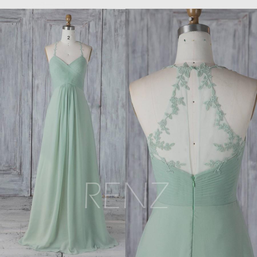 Свадьба - Bridesmaid Dress Dusty Mint Chiffon Wedding Dress Lace Halter Maxi Dress Ruched V Neck Party Dress Illusion Back A-Line Evening Dress(H589)