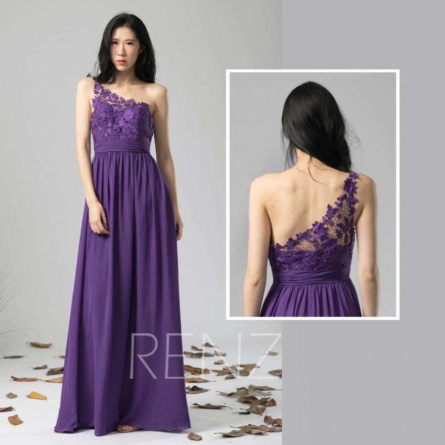 Hochzeit - Bridesmaid Dress Bright Purple Chiffon Wedding Dress One Shoulder Lace Maxi Dress Illusion Sweetheart A-Line Dress Long Evening Dress(L393)