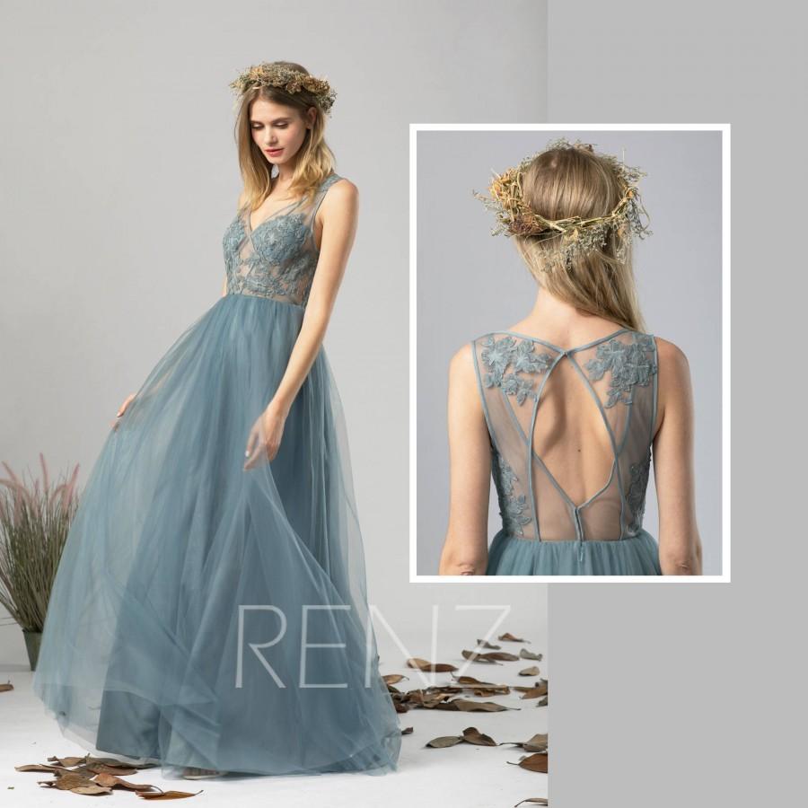 Mariage - Bridesmaid Dress Dusty Blue Tulle Dress Wedding Dress Illusion V Neck Maxi Dress Open Back Lace Party Dress Sleeveless Evening Dress(LS390)