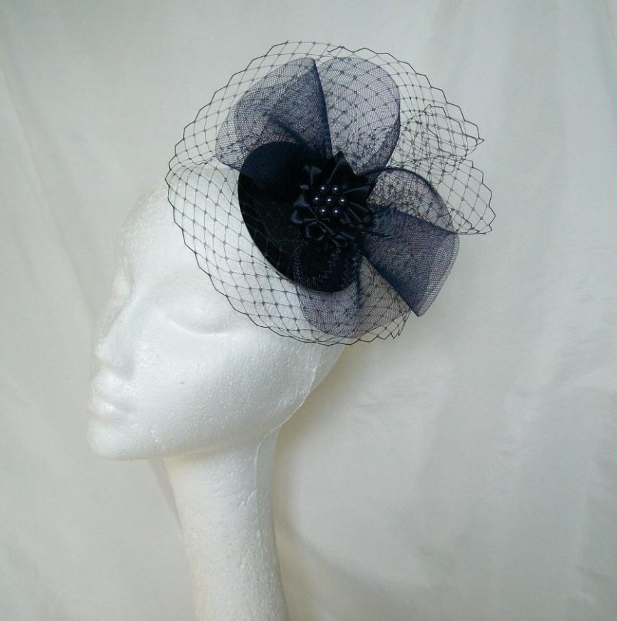 Hochzeit - Navy Blue Fascinator with Blusher Veil Crinoline Bow Pearls Crystal & Rhinestone Sinamay Wedding Fascinator Mini Hat- Custom Made to Order