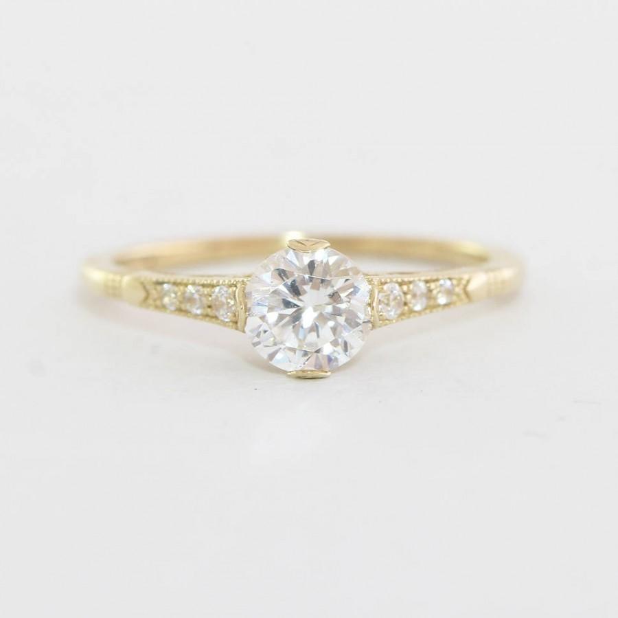 Wedding - Diamond engagement ring handmade in yellow gold with Moissanite/White sapphire antique inspired