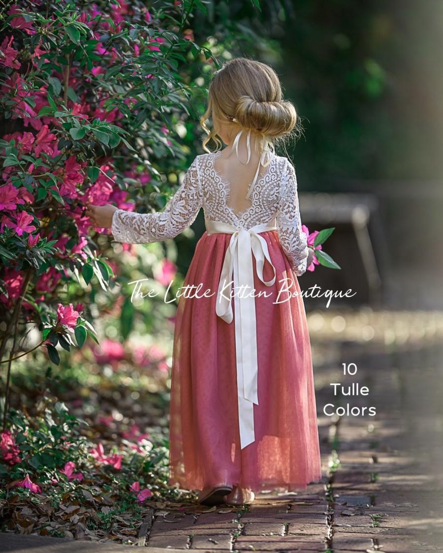 Mariage - Dusty Rose flower girl dress, Periwinkle flower girl dress, Burgundy flower girl dress, ivory tulle and lace long sleeve flower girl dress