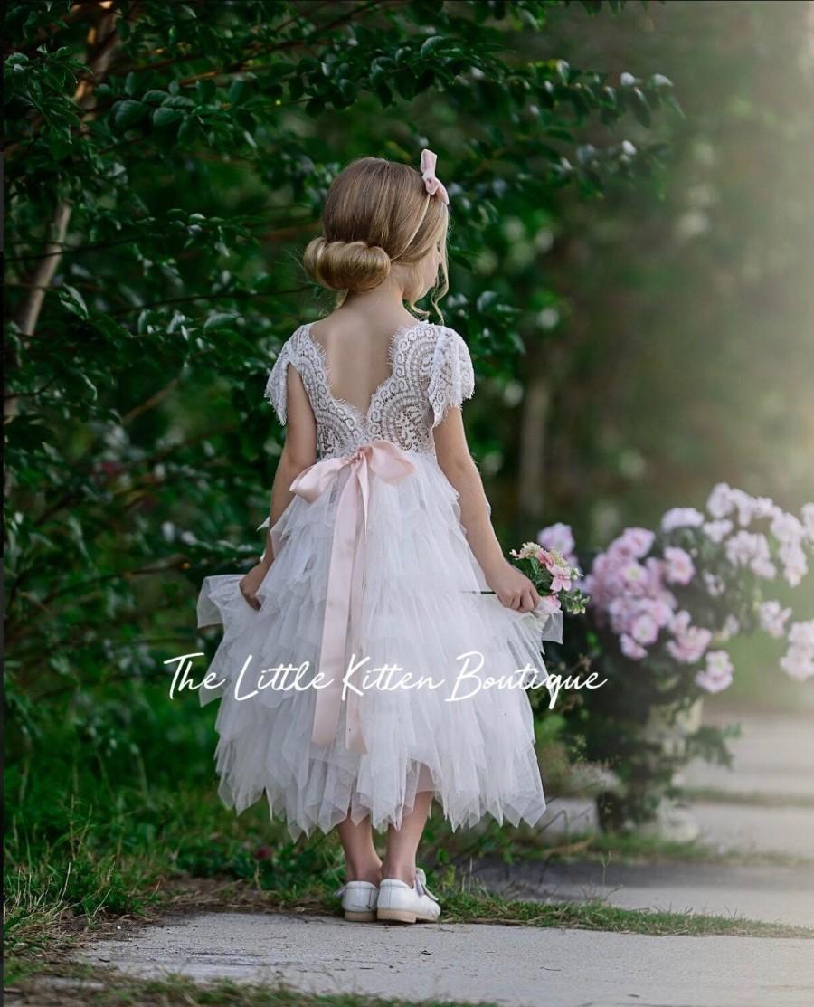 Hochzeit - Tulle flower girl dress, ivory flower girl dress, rustic flower girl dress, lace flower girl dress, pink flower girl dress junior bridesmaid